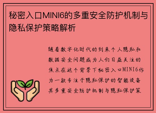 秘密入口MINI6的多重安全防护机制与隐私保护策略解析