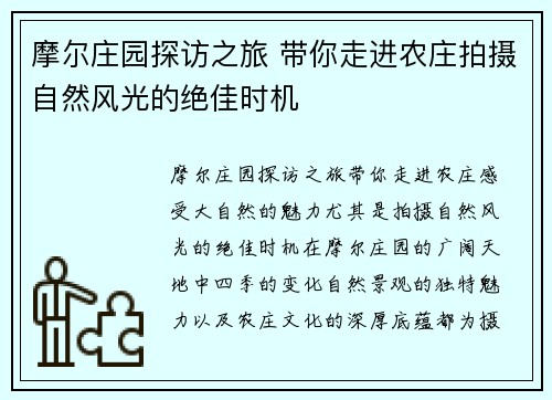 摩尔庄园探访之旅 带你走进农庄拍摄自然风光的绝佳时机